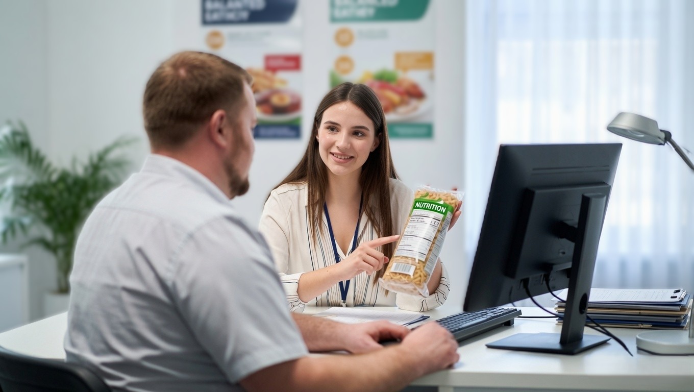 A health professional in a warm, naturally-lit consultation room, listening to a client across a table.