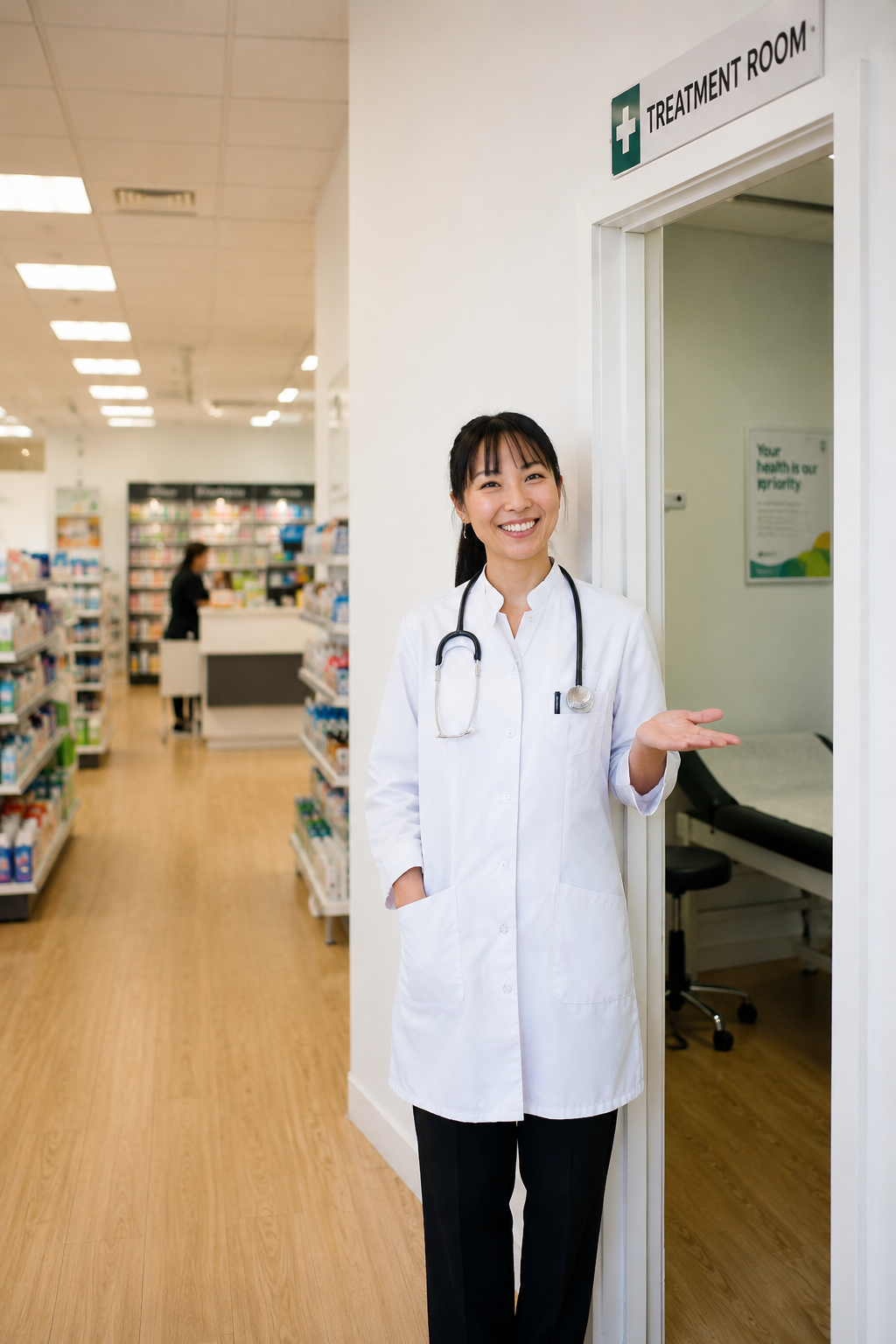 A pharmacist standing at the open door of a treatment room in a modern pharmacy, welcoming a client in.